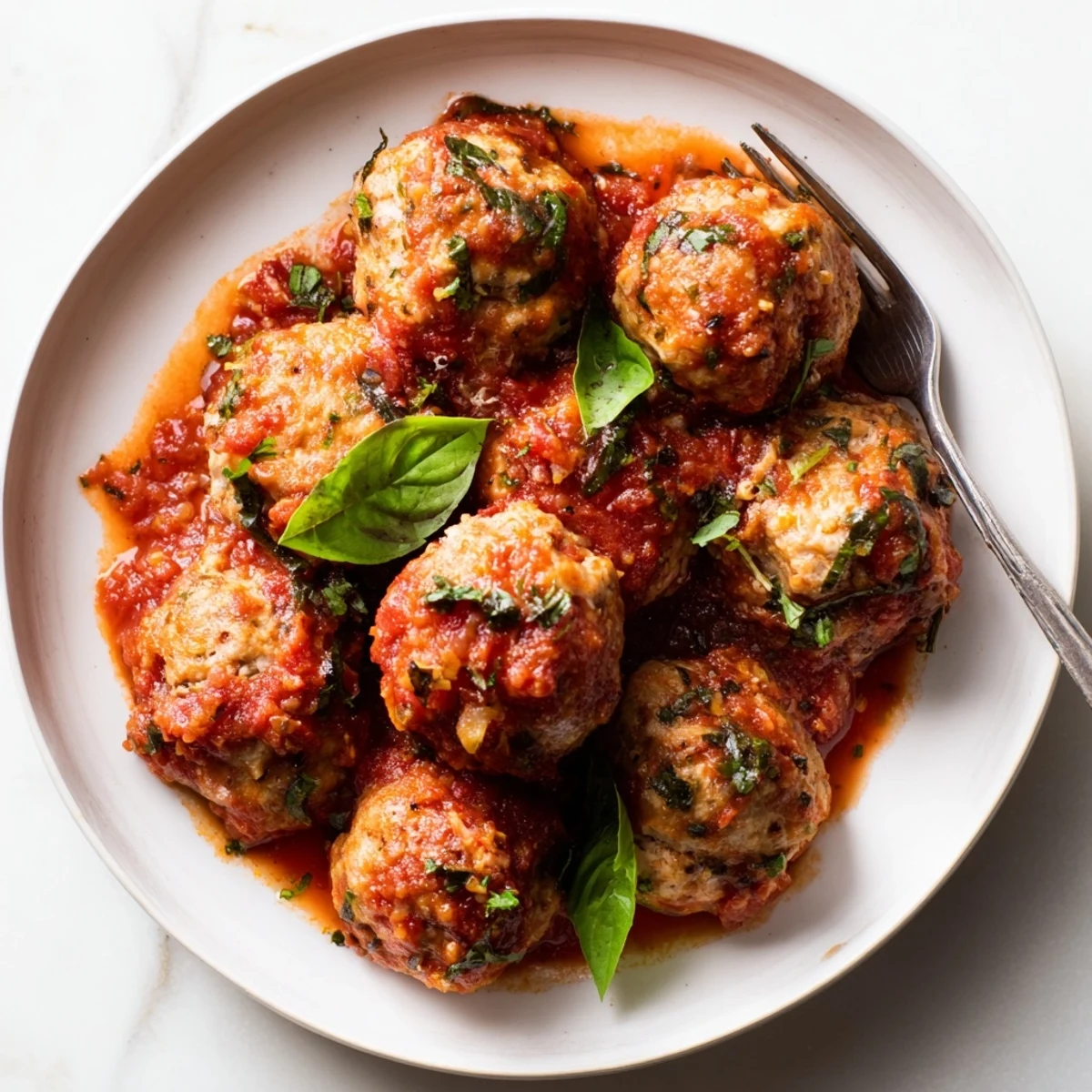 Juicy turkey meatballs simmer in a herby marinara sauce, garnished with fresh basil leaves for a classic Italian-American dinner.