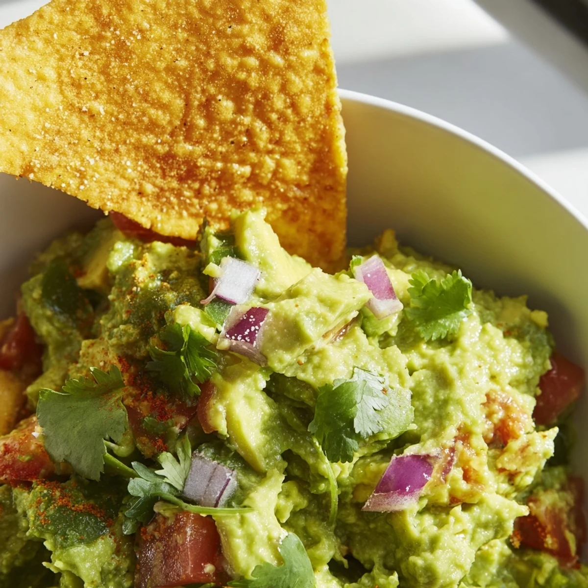 A close-up of creamy, zesty Big Game Guacamole with crispy homemade tortilla chips, ready for game day dipping and snacking.