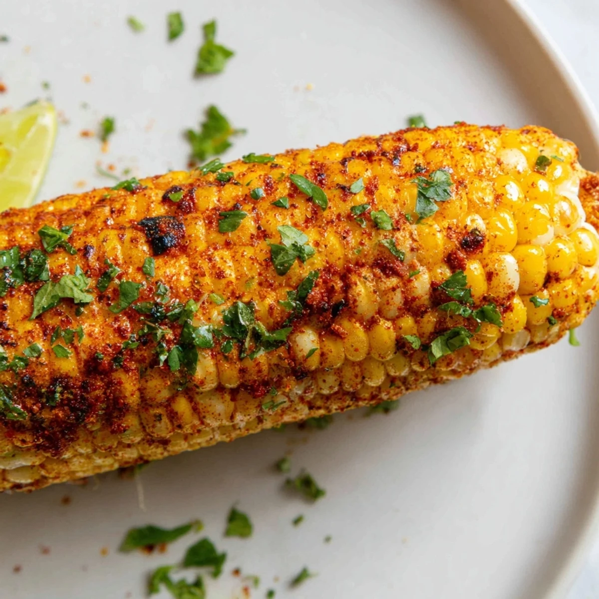 Freshly grilled Cajun Spiced Roasted Corn on the cob sits beside a bowl of smoky spice blend and chopped herbs.