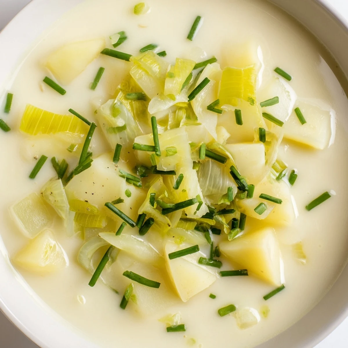 A spoon dips into rich Irish Potato Leek Soup with Chives, showing the velvety blended texture.  