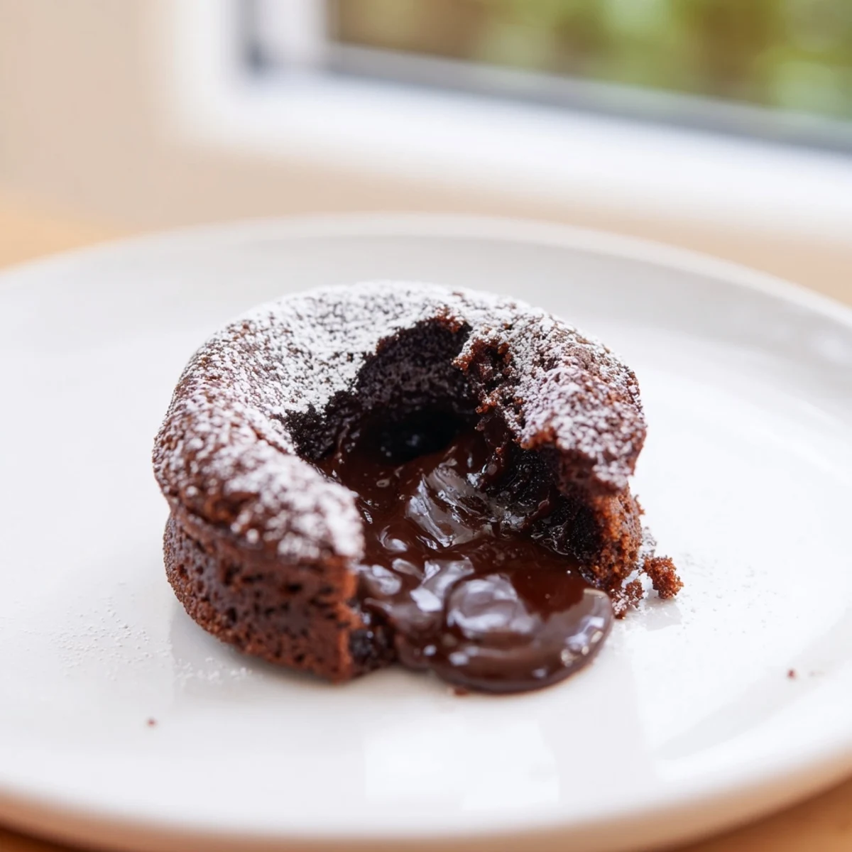Gooey molten chocolate lava cakes ooze from cracked centers, dusted with powdered sugar on dessert plates.  