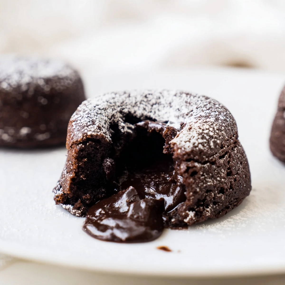 Four ramekin chocolate lava cakes with rich bittersweet centers, plated alongside sweet berries and cream.