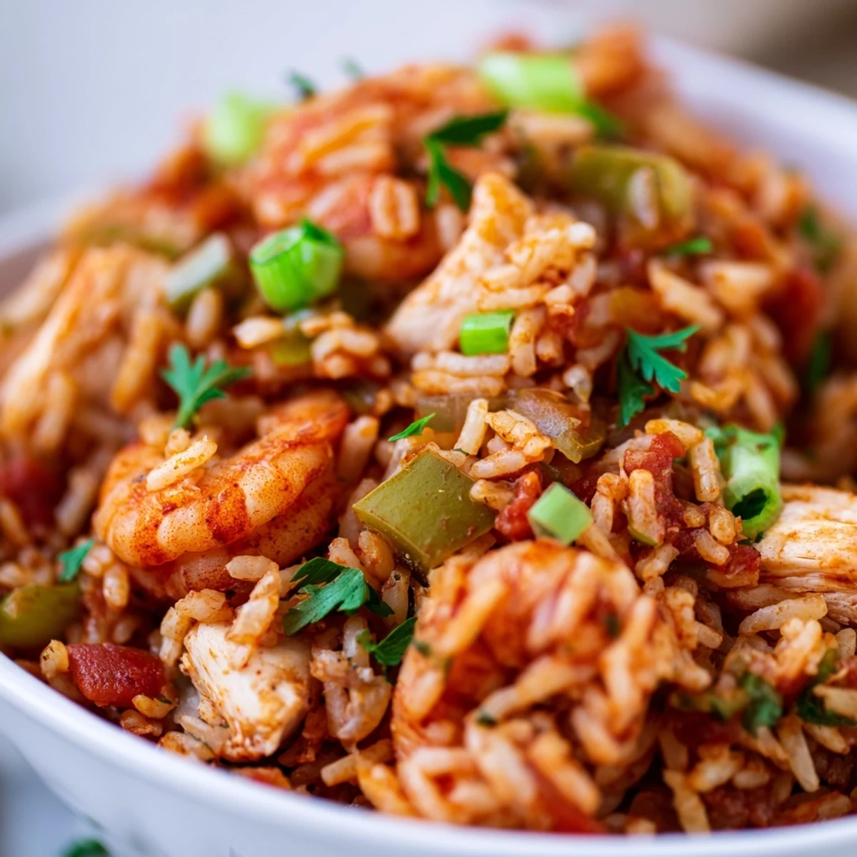 Steaming jambalaya with chicken and shrimp is served in a rustic bowl, featuring tender meat and aromatic Creole spices.  