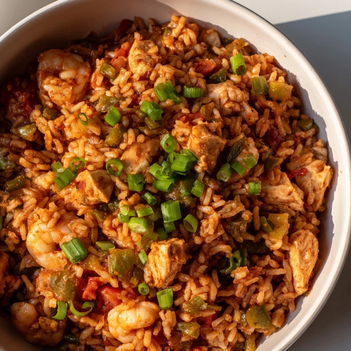 A close-up of jambalaya with chicken and shrimp reveals succulent shrimp and fluffy rice, ready to be enjoyed.