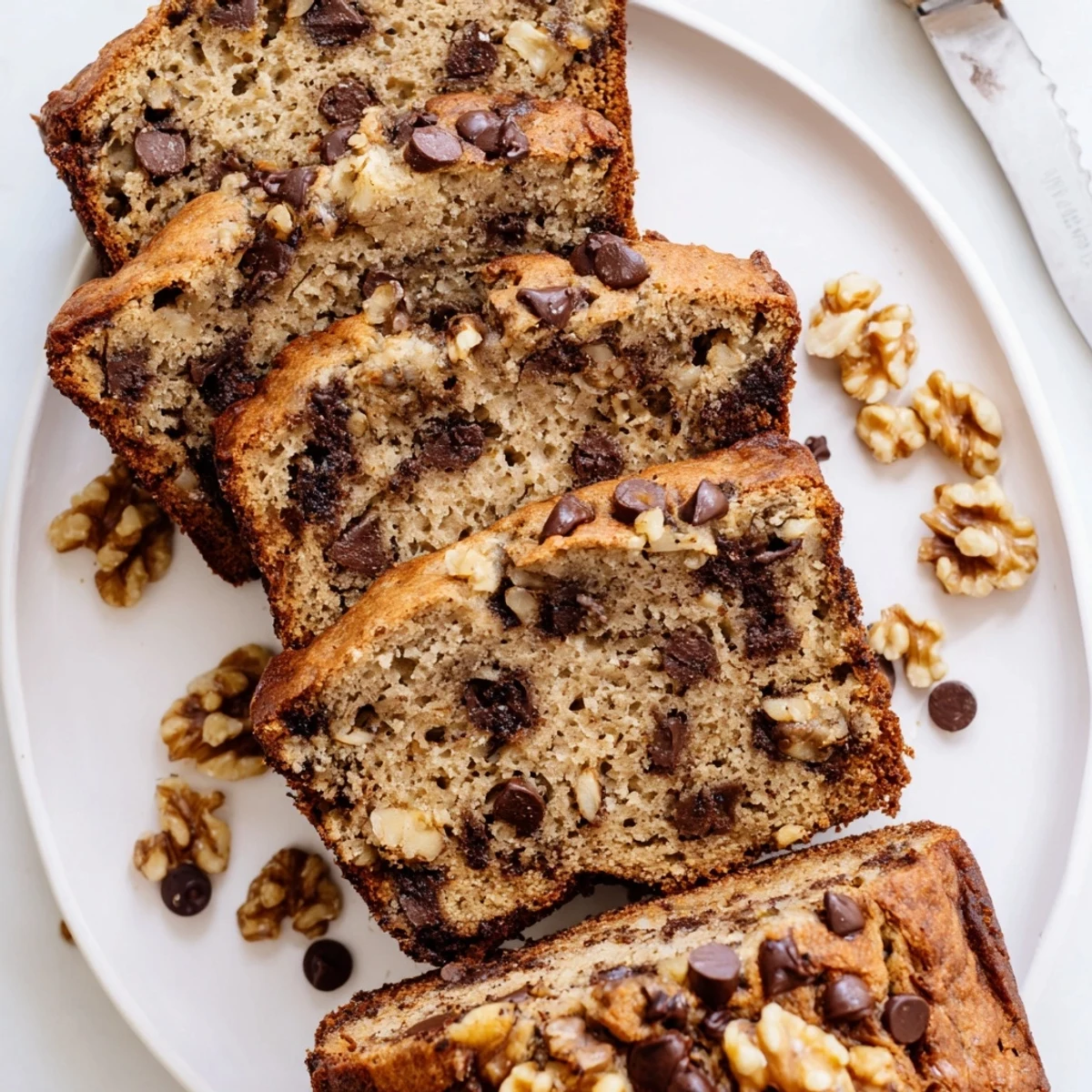 Freshly baked Chocolate Chip Banana Bread with Walnuts, showcasing a golden crust and visible chocolate chips and nuts.  