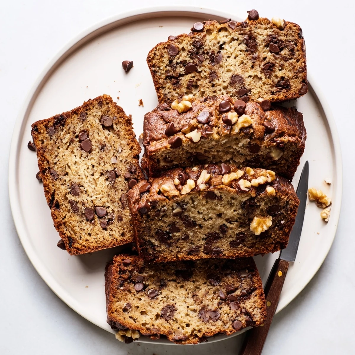 Moist slices of Chocolate Chip Banana Bread with Walnuts, perfect for breakfast or an afternoon snack with coffee.  
