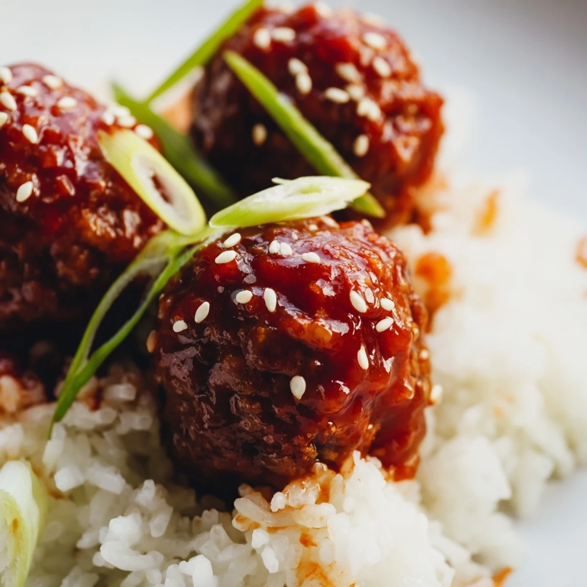 Golden-brown Spicy Sriracha Beef Meatballs glistening with sauce atop a mound of fluffy white rice, garnished with fresh cilantro and sliced green onions for a vibrant, savory bite.