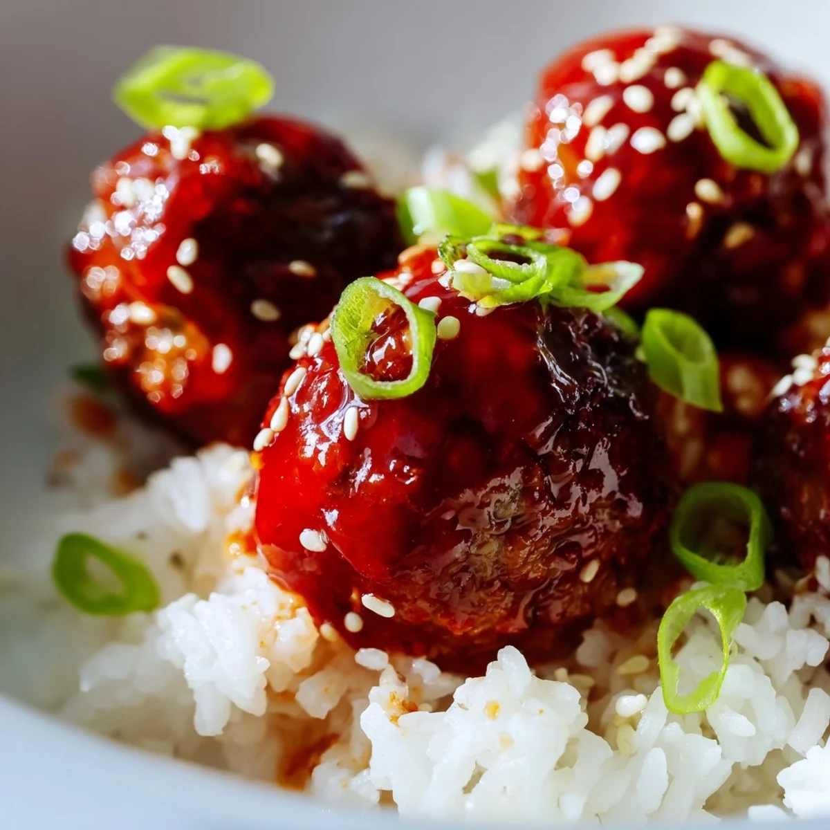 A close-up view of tender Spicy Sriracha Beef Meatballs resting on fluffy jasmine rice, drizzled with a glossy, honey-infused sauce and sprinkled with sesame seeds.