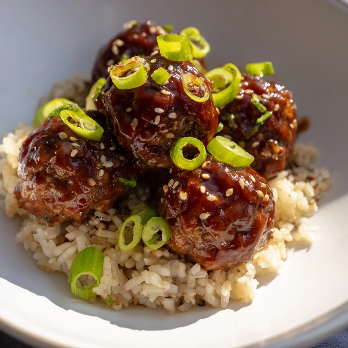 Spicy Sriracha Beef Meatballs glazed in tangy sauce and served over fluffy steamed rice.