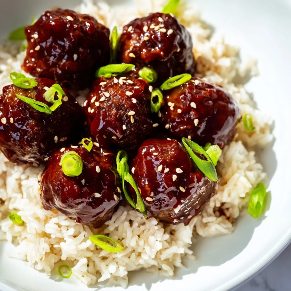 Savory spicy Sriracha beef meatballs paired with fluffy jasmine rice, ready to enjoy for dinner.
