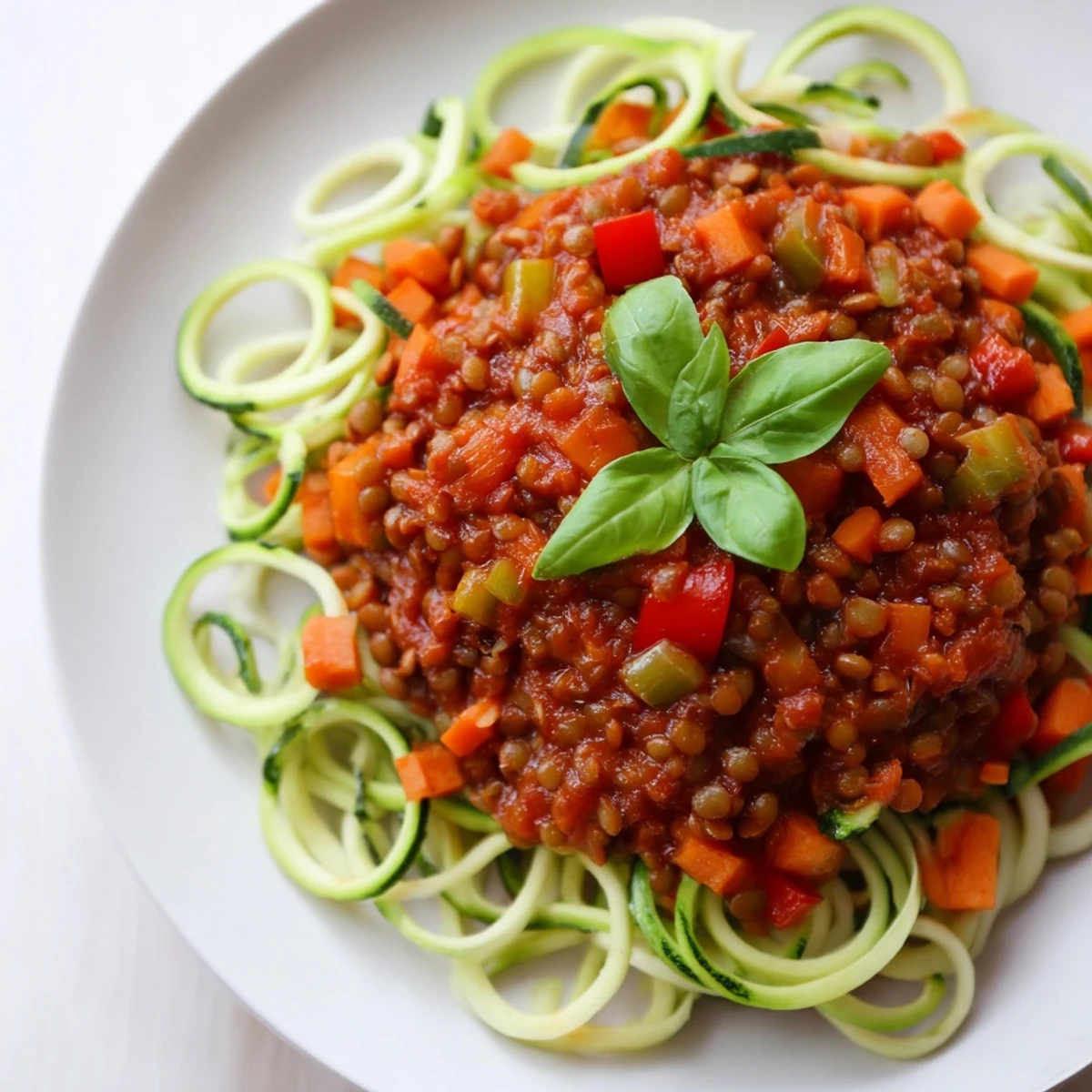 A close-up of Vegan Lentil Bolognese served over tender green zucchini noodles, garnished with fresh basil leaves.