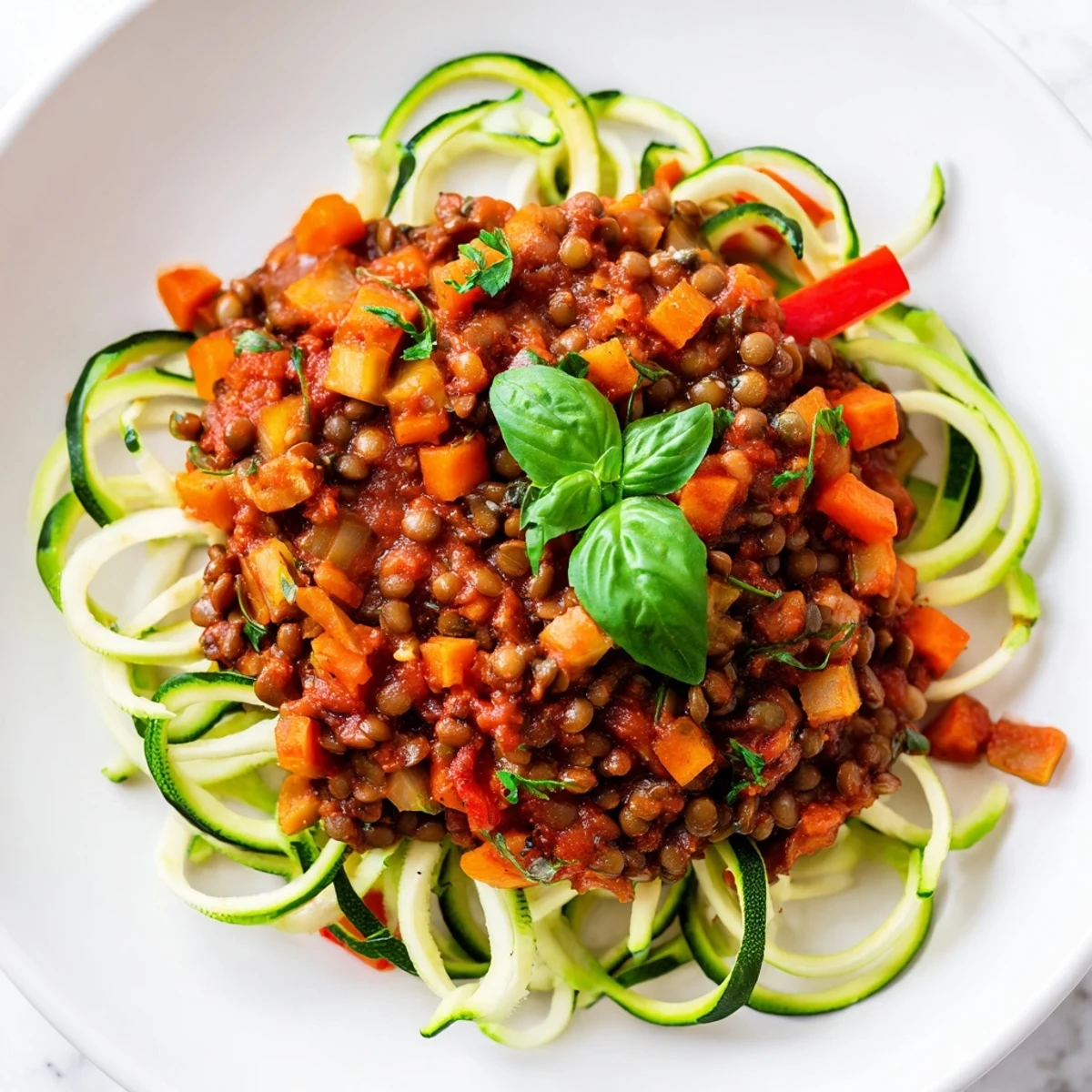 Hearty plant-based Vegan Lentil Bolognese with rich tomato sauce piled high on a bed of crisp zucchini noodles.