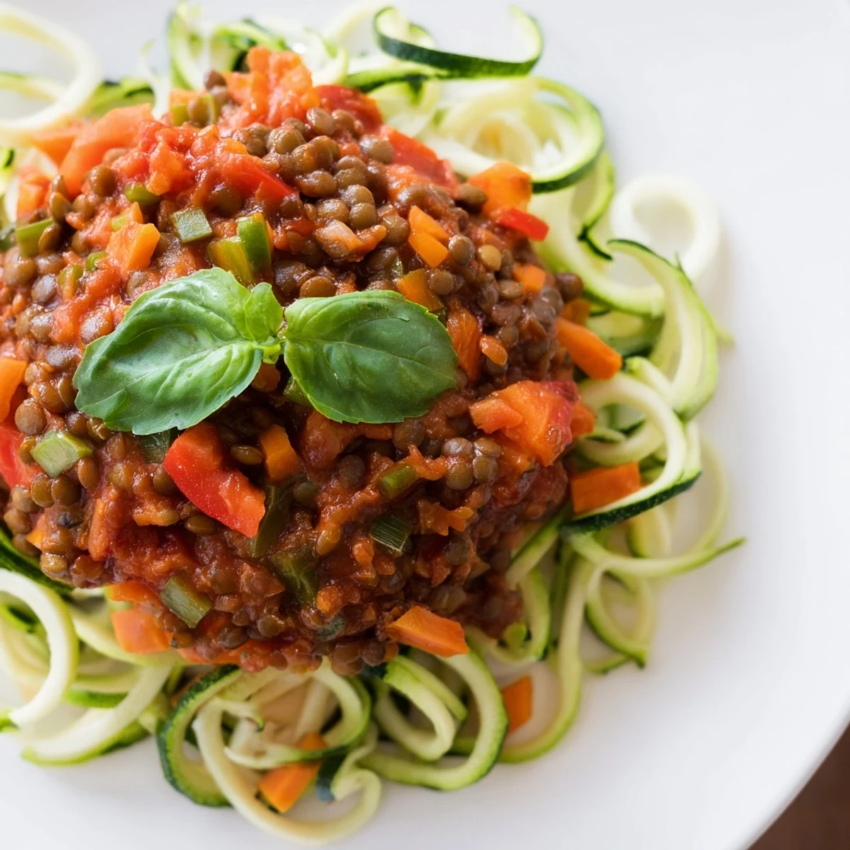 A vibrant bowl of Vegan Lentil Bolognese with zucchini noodles, perfect for a healthy, protein-packed Italian dinner.
