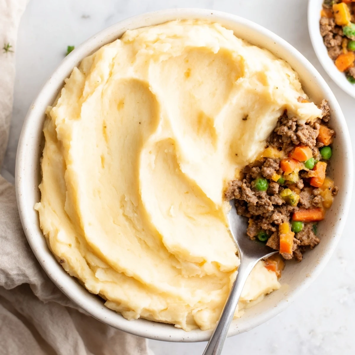 Golden mashed sweet potatoes blanket a hearty filling of savory ground beef, carrots, peas, and thyme in this cozy shepherds pie.  