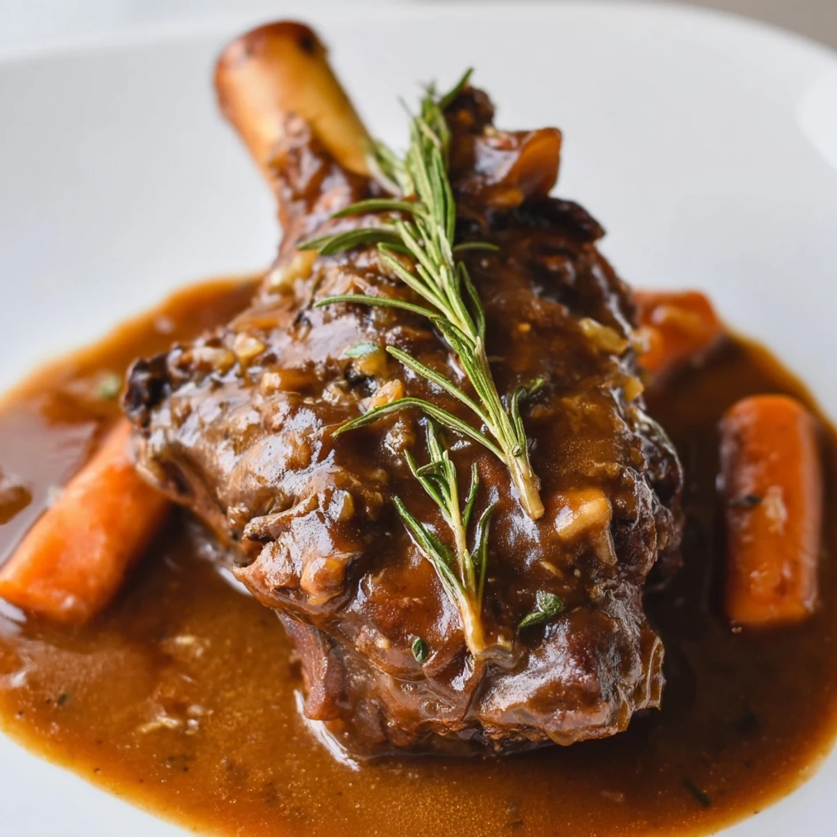 A rustic Dutch oven displaying fall-off-the-bone slow cooked lamb shanks in rich rosemary gravy, ready to serve.