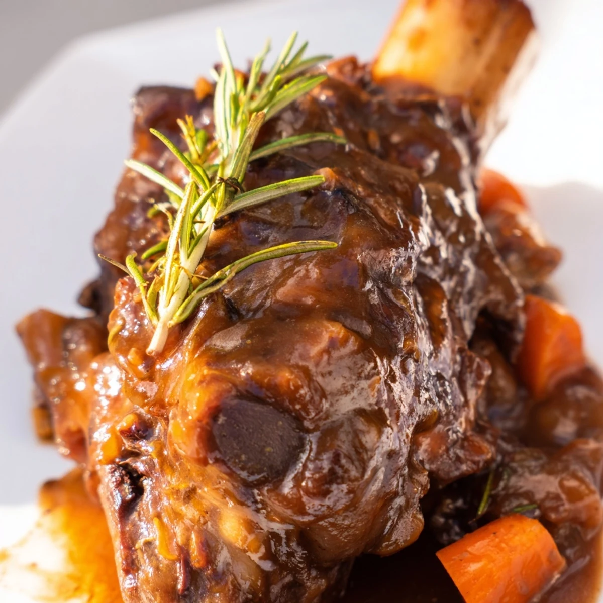 Hearty slow cooked lamb shanks with rosemary gravy on a plate, paired with crusty bread to soak up the sauce.