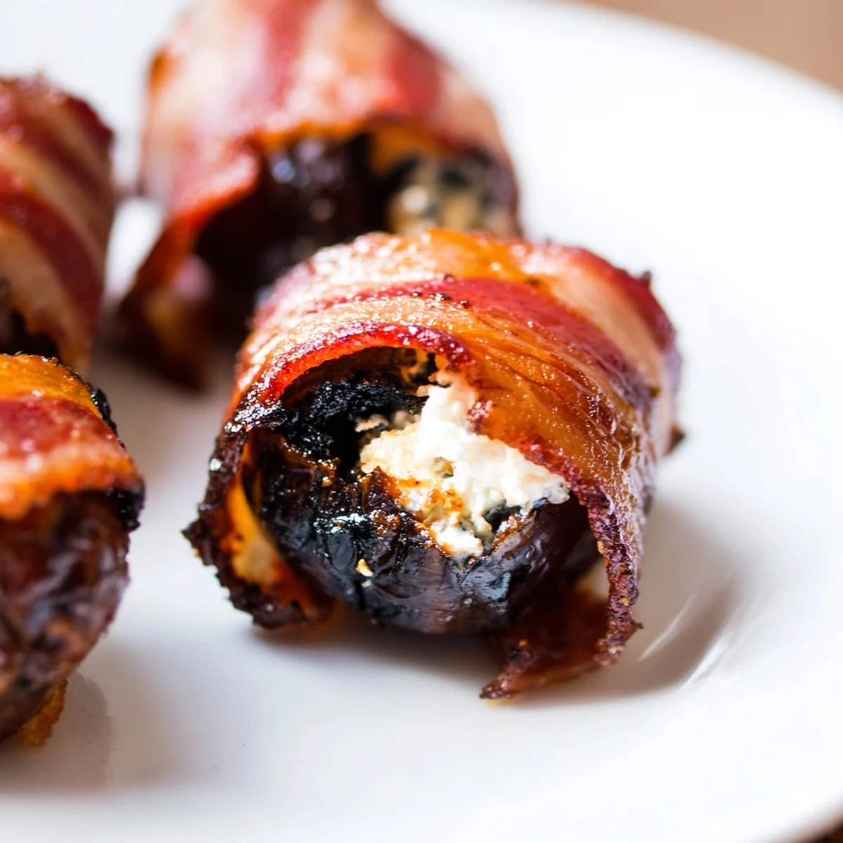 Golden Crispy Beef Bacon Wrapped Dates with Goat Cheese on a rustic wooden board, topped with fresh parsley and a drizzle of honey.