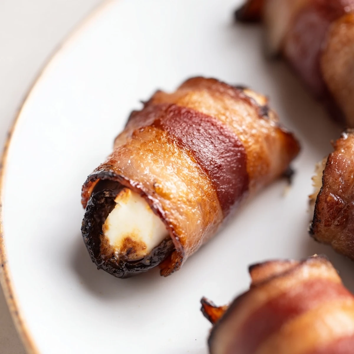 A close-up of warm Crispy Beef Bacon Wrapped Dates with Goat Cheese, revealing creamy filling and smoky, crackling bacon layers.
