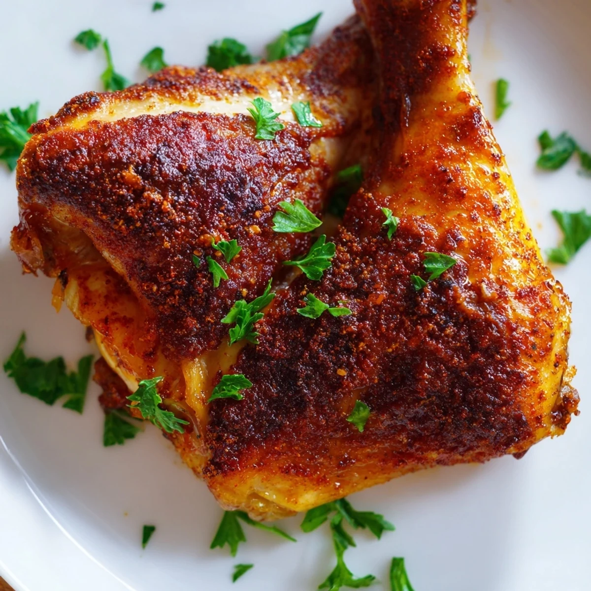 Tender Cajun Spiced Roasted Chicken Thighs resting on a plate with lemon wedges and a side salad.