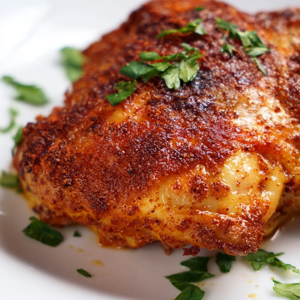 Golden-brown Cajun Spiced Roasted Chicken Thighs with crispy skin and fresh parsley garnish on a baking sheet.