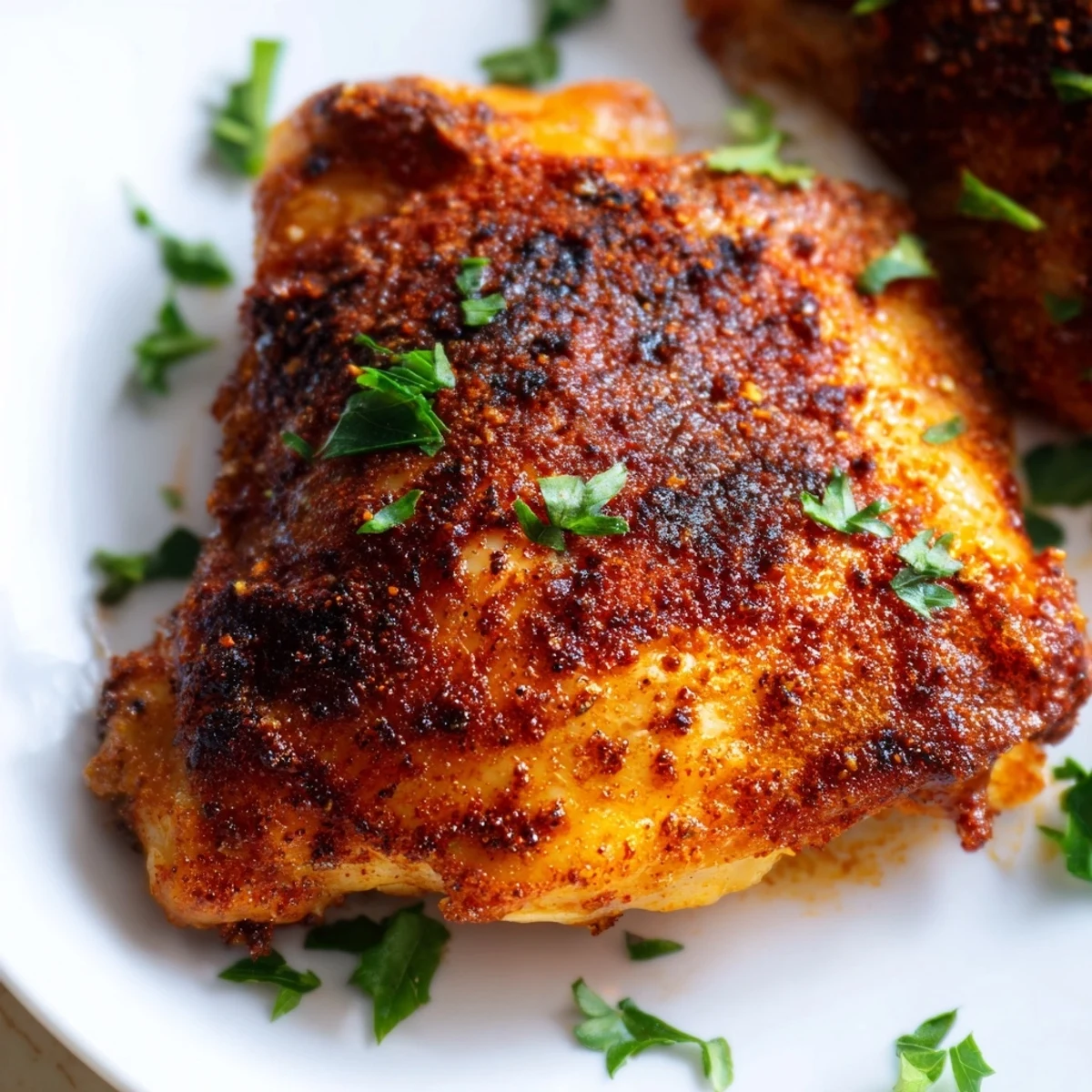 Sizzling Cajun Spiced Roasted Chicken Thighs served over rice with roasted vegetables for a complete meal.