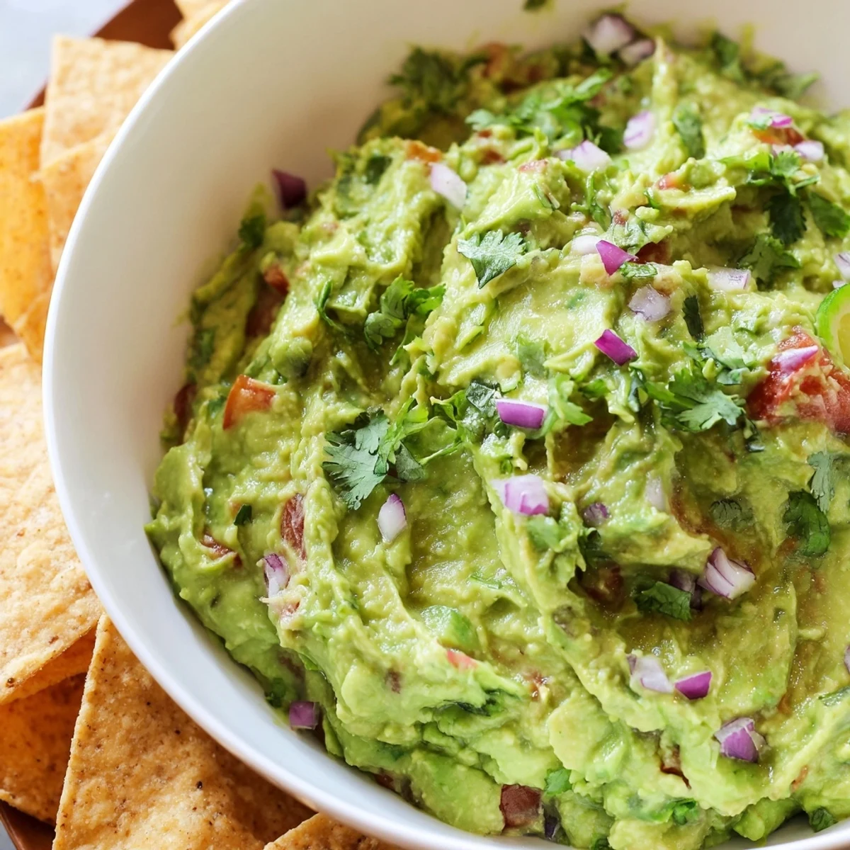 A close-up of vibrant, chunky Game Day Spicy Guacamole in a rustic bowl, surrounded by golden, homemade tortilla chips for dipping.