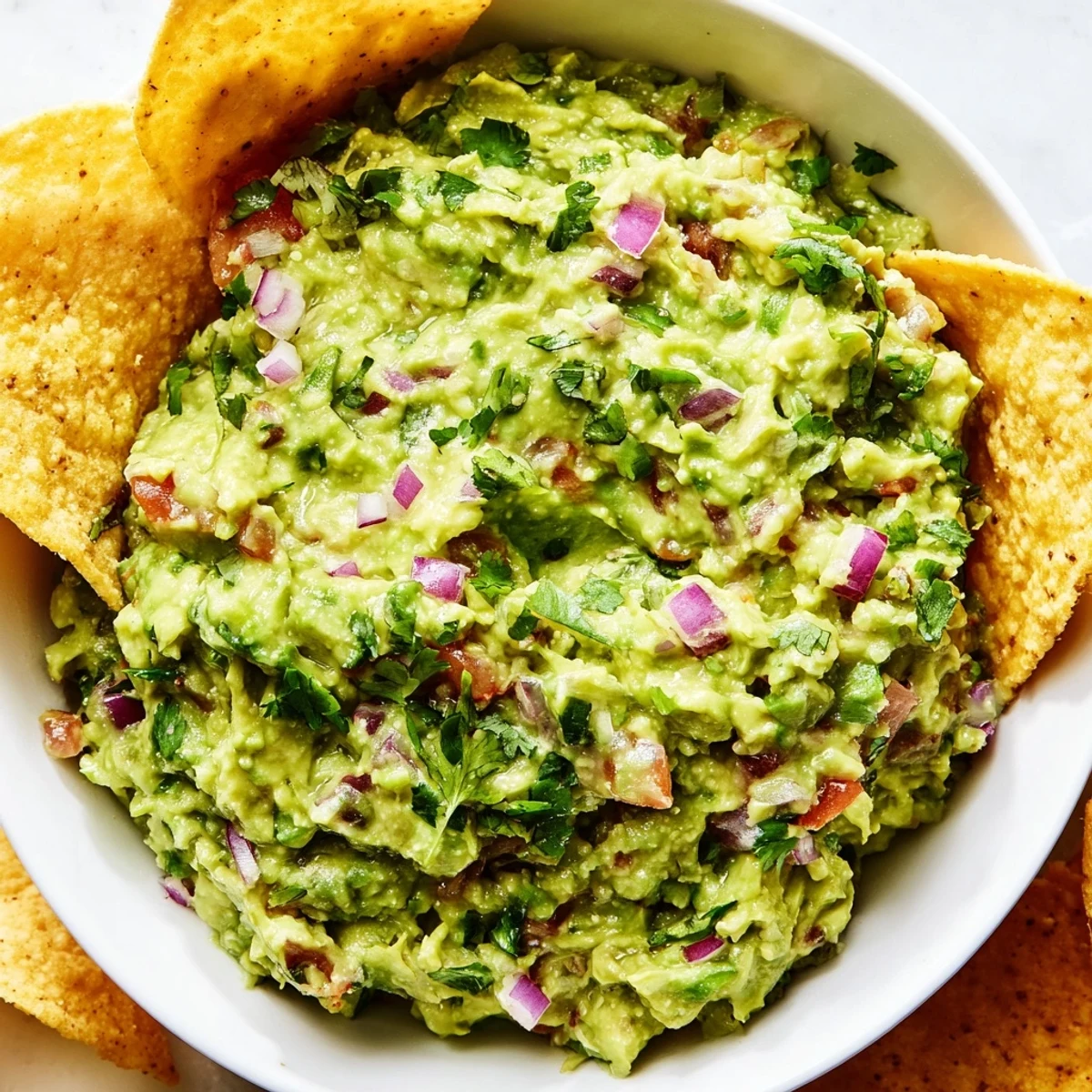 A festive serving of Game Day Spicy Guacamole topped with cilantro, next to a heaping pile of warm, crunchy tortilla chips.