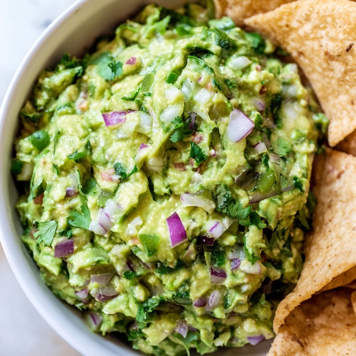 Fresh avocado chunks and diced jalapeños in Game Day Spicy Guacamole, with a stack of crispy, oil-brushed tortilla chips beside it.