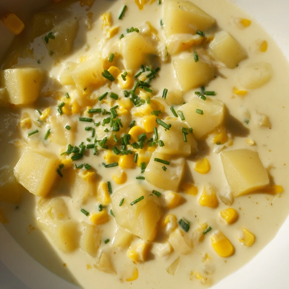 Creamy Corn and Potato Chowder in a rustic bowl garnished with chives, steam rising from the velvety surface.