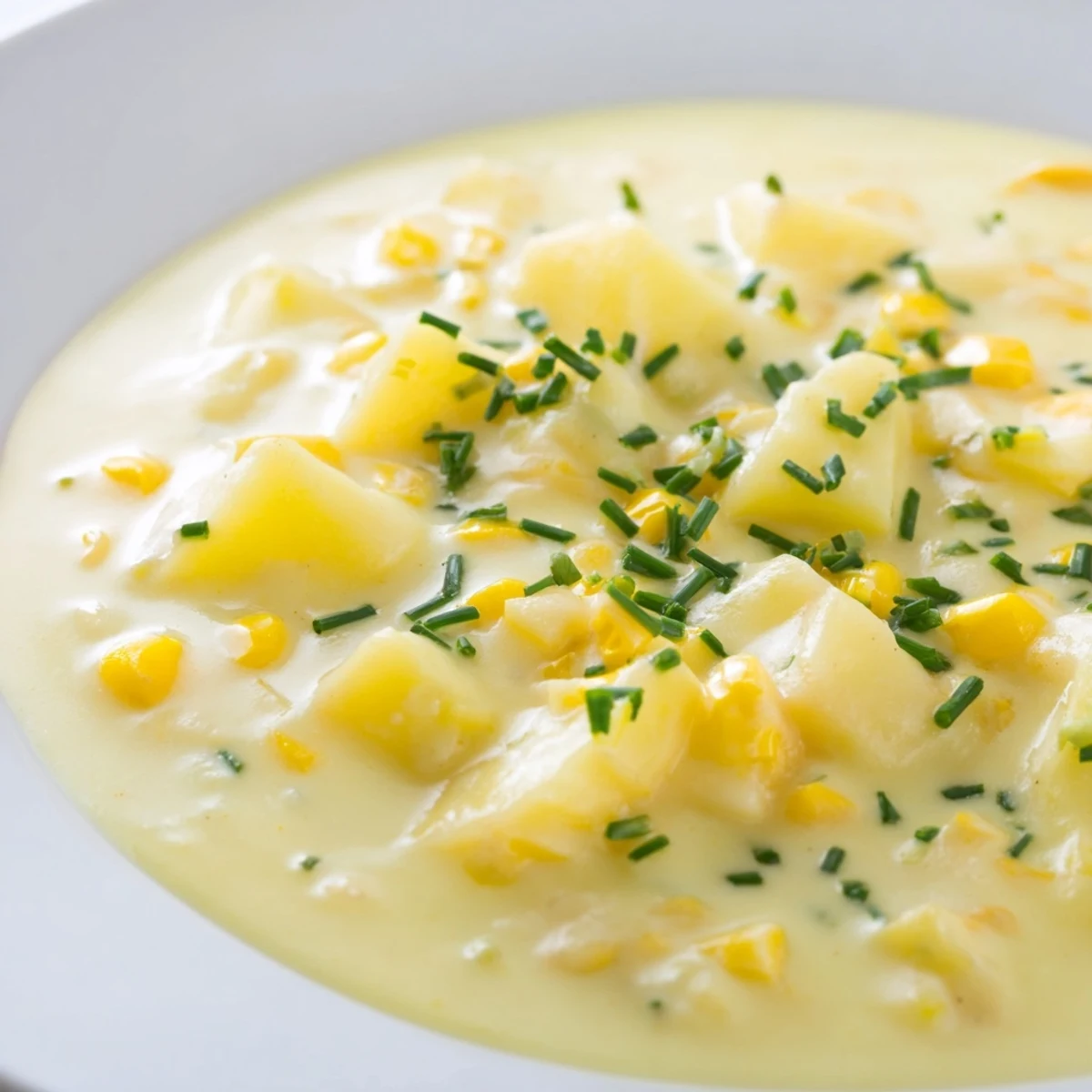 A spoonful of Creamy Corn and Potato Chowder revealing tender potatoes and sweet corn in rich broth.