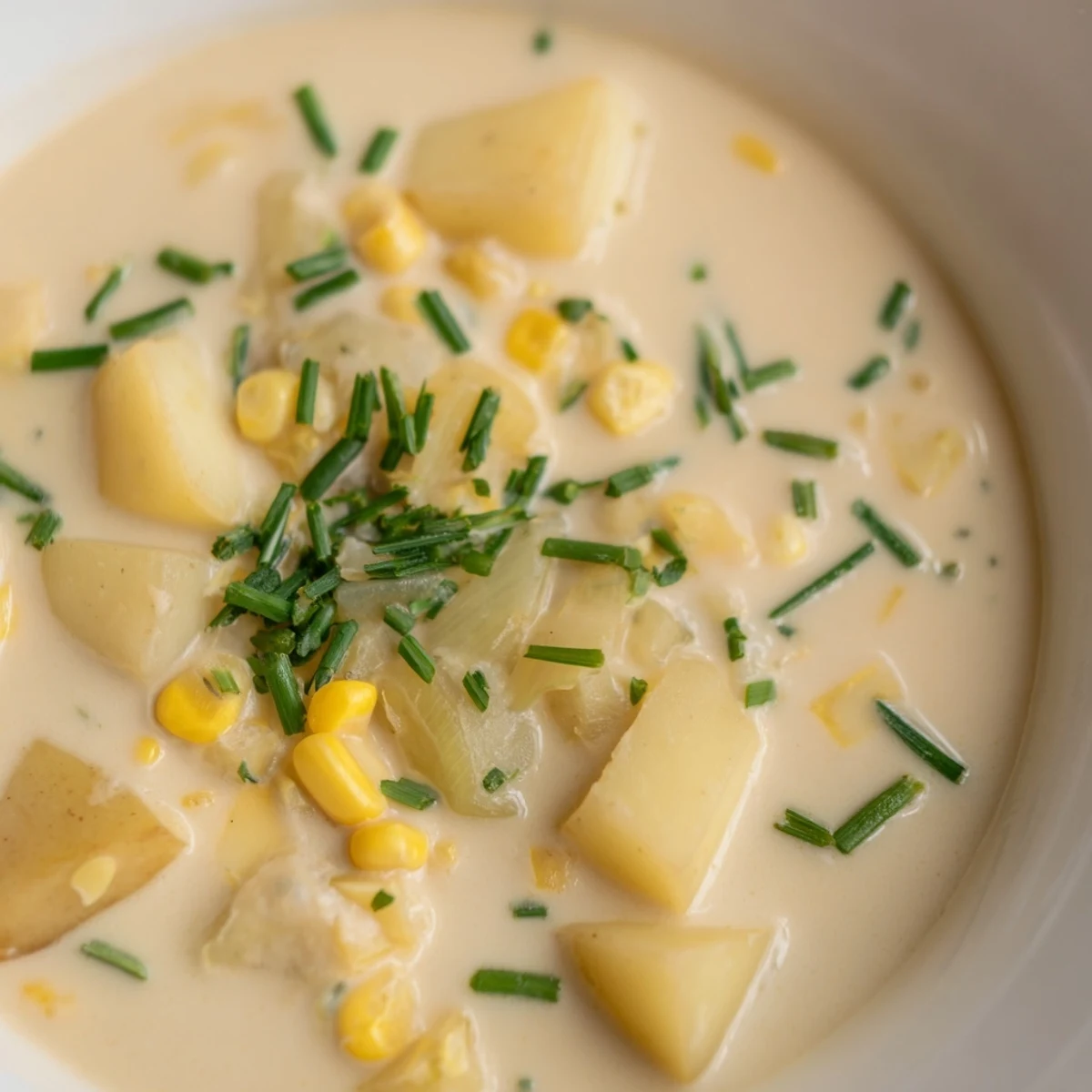 Warm Creamy Corn and Potato Chowder served with crusty bread for dipping, topped with fresh parsley.
