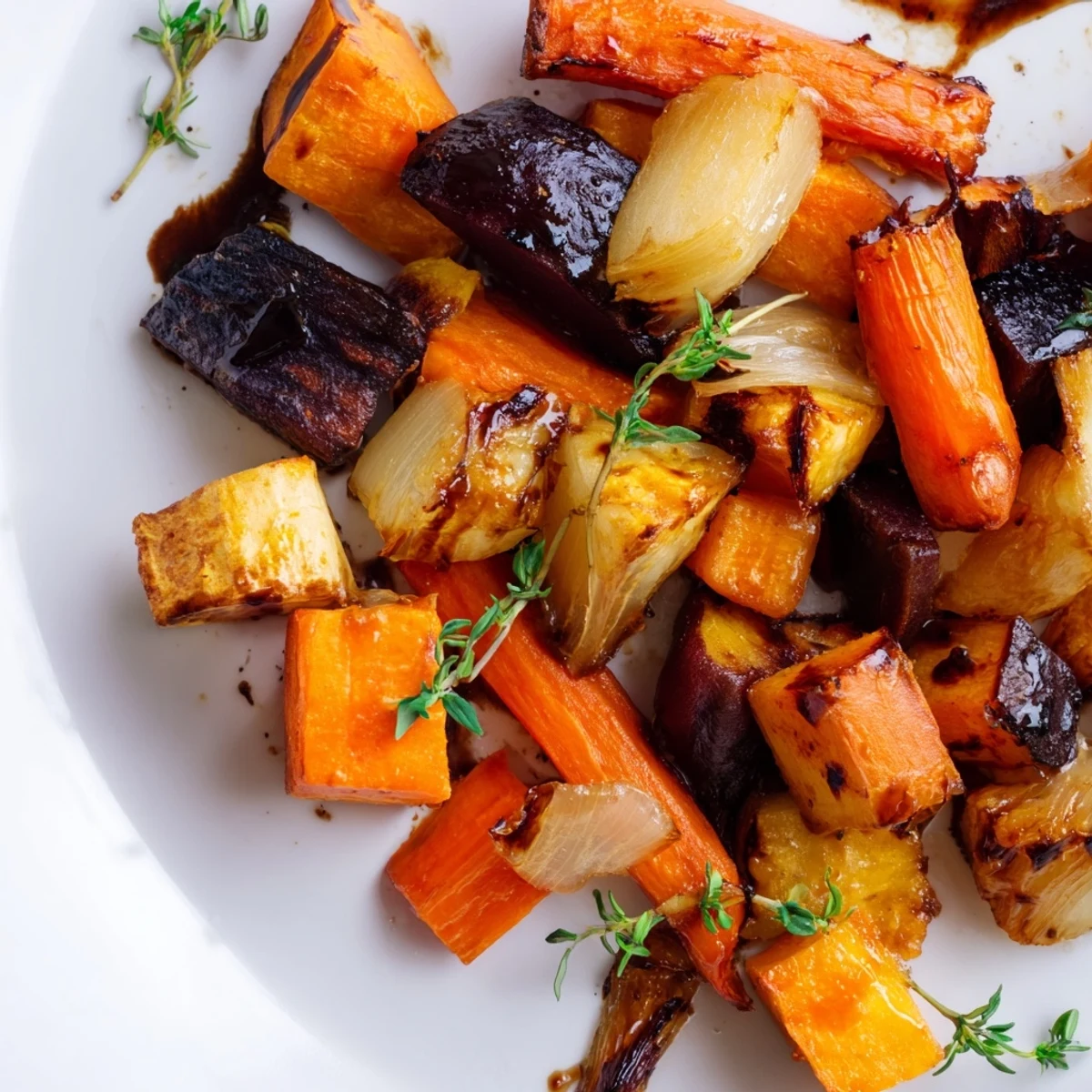 Golden-brown roasted root vegetables with balsamic glaze piled high on a rustic platter, with fresh thyme leaves and a wooden serving spoon nearby.