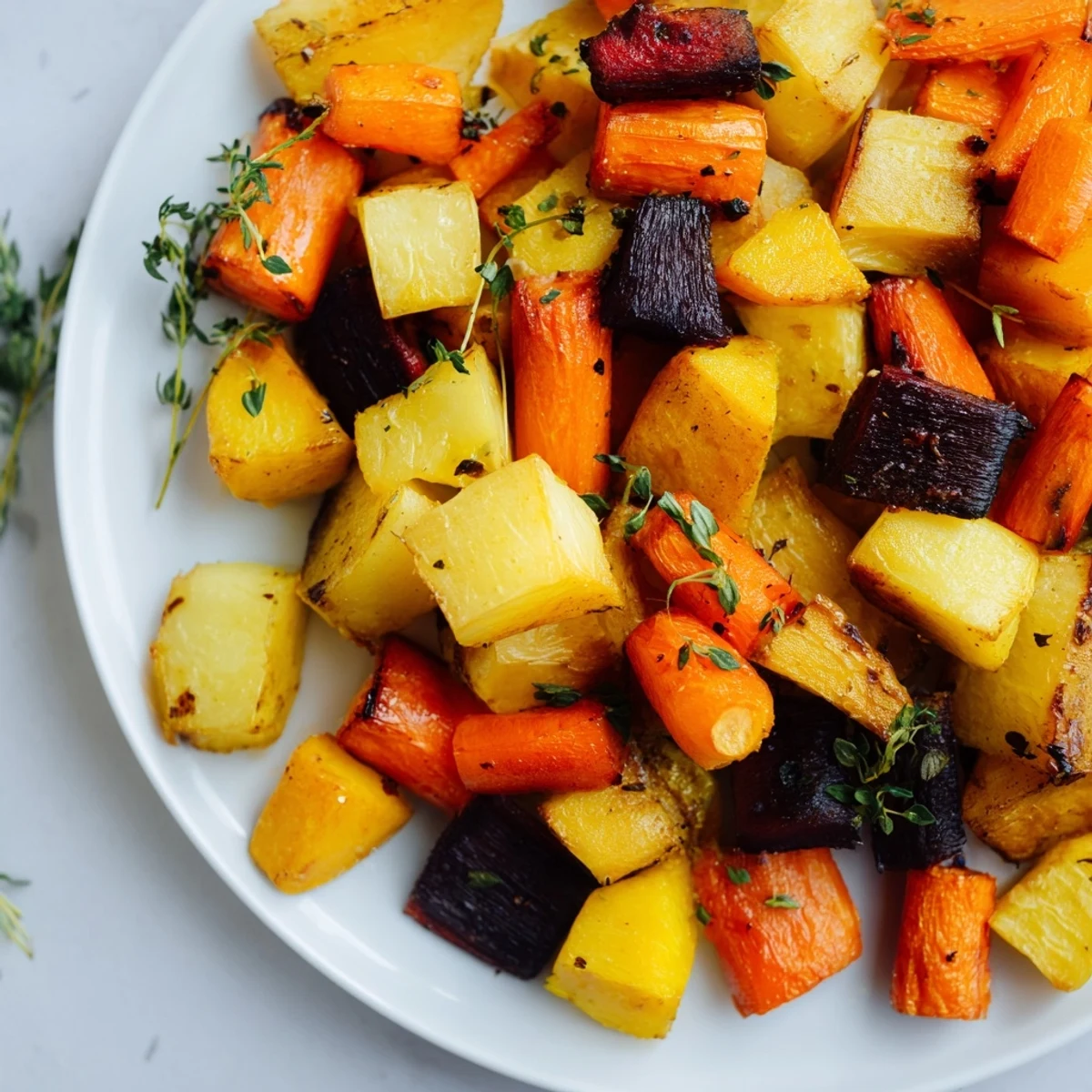 Hearty roasted root vegetables with balsamic glaze served warm from the oven, featuring caramelized sweet potato and beet cubes with a glossy, savory finish.