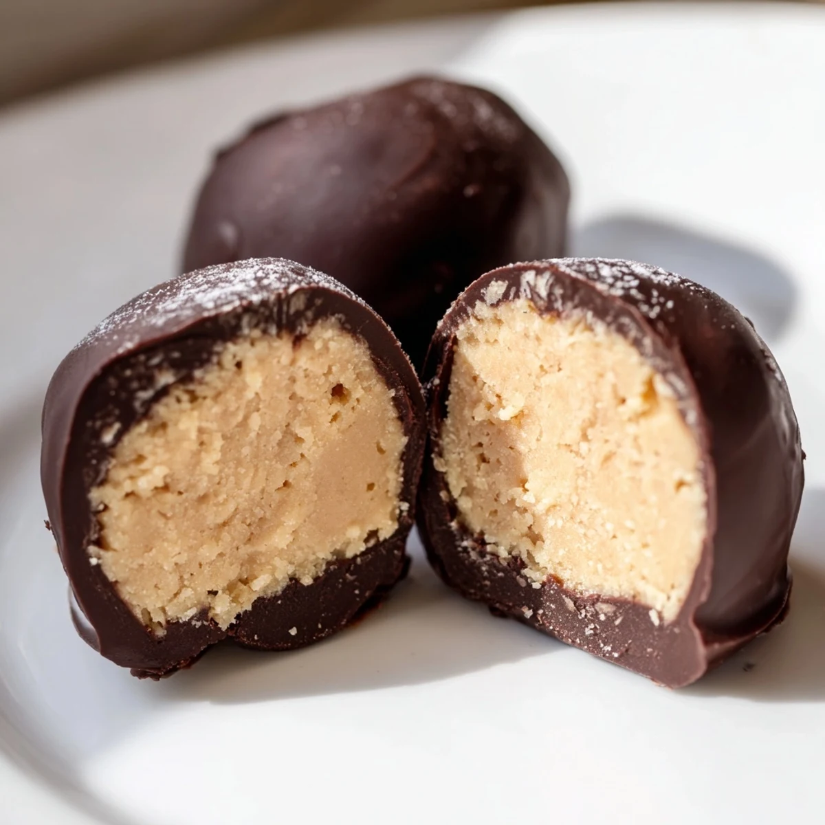 A close-up of a bitten Chocolate Peanut Butter Ball reveals a creamy peanut butter filling, powdered sugar, and melted chocolate coating for a decadent bite.