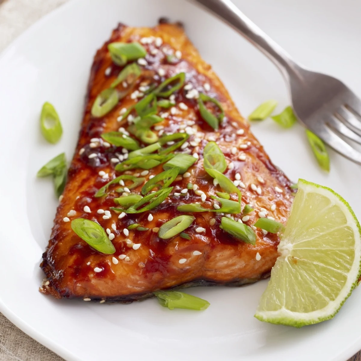 Baked Salmon with Teriyaki Glaze served on a plate with lime wedges and steamed rice for a complete meal.