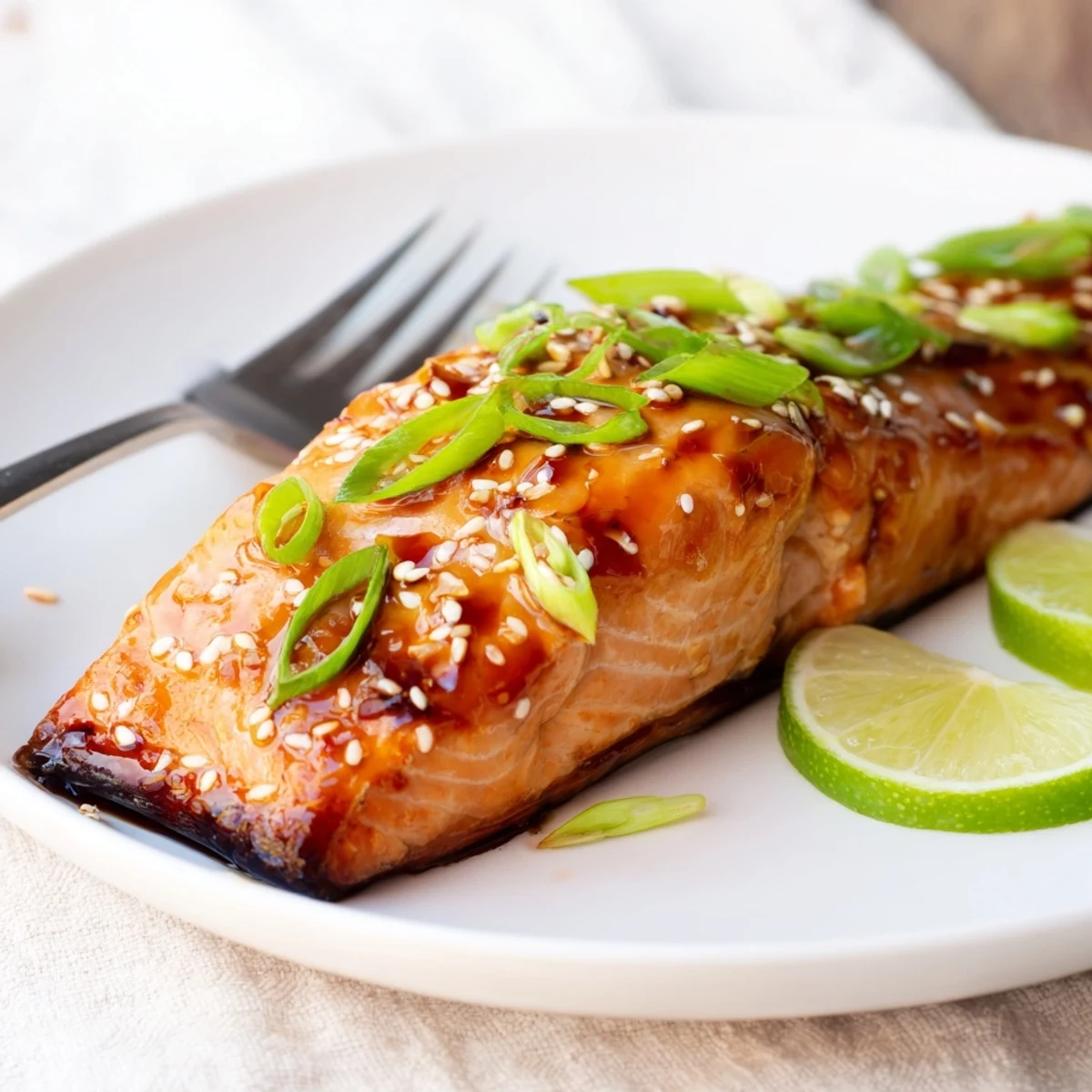 Flaky baked salmon fillets glistening with a homemade teriyaki glaze, garnished with sesame seeds and green onions.