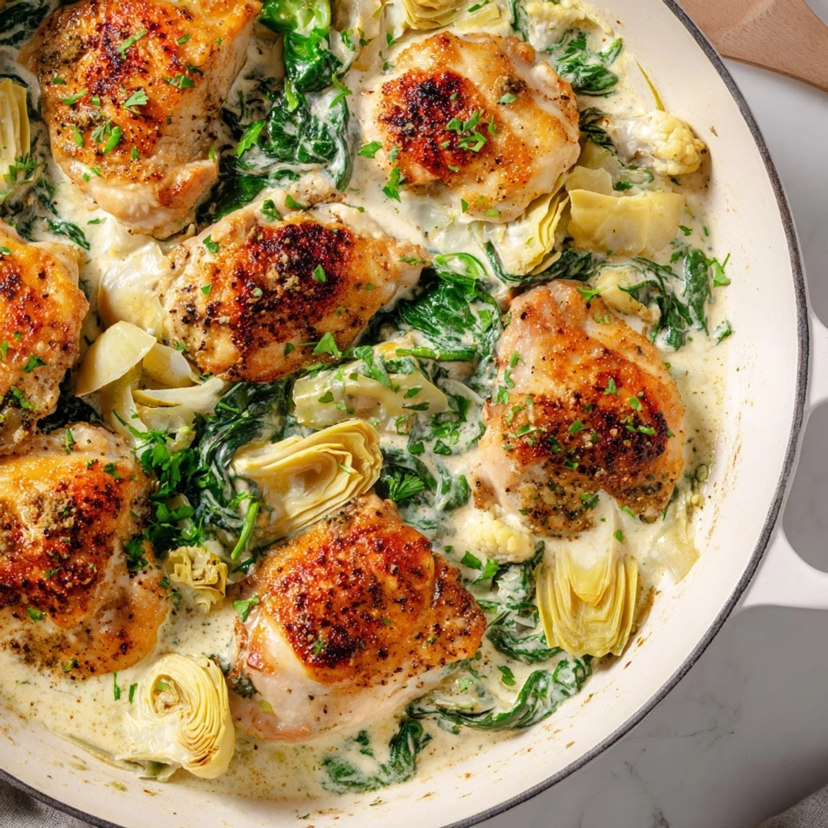 Golden-brown chicken breasts nestled in a creamy spinach and artichoke sauce, served in a rustic skillet for a comforting family dinner.  