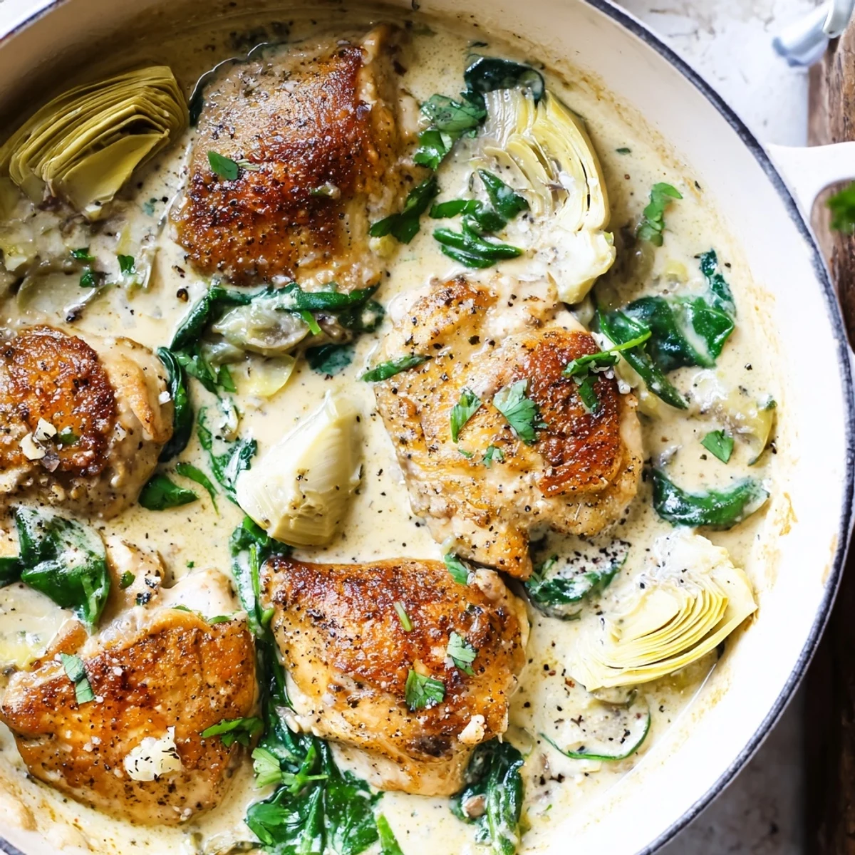 A close-up of tender chicken simmering in garlicky cream sauce with wilted spinach and marinated artichoke hearts.  