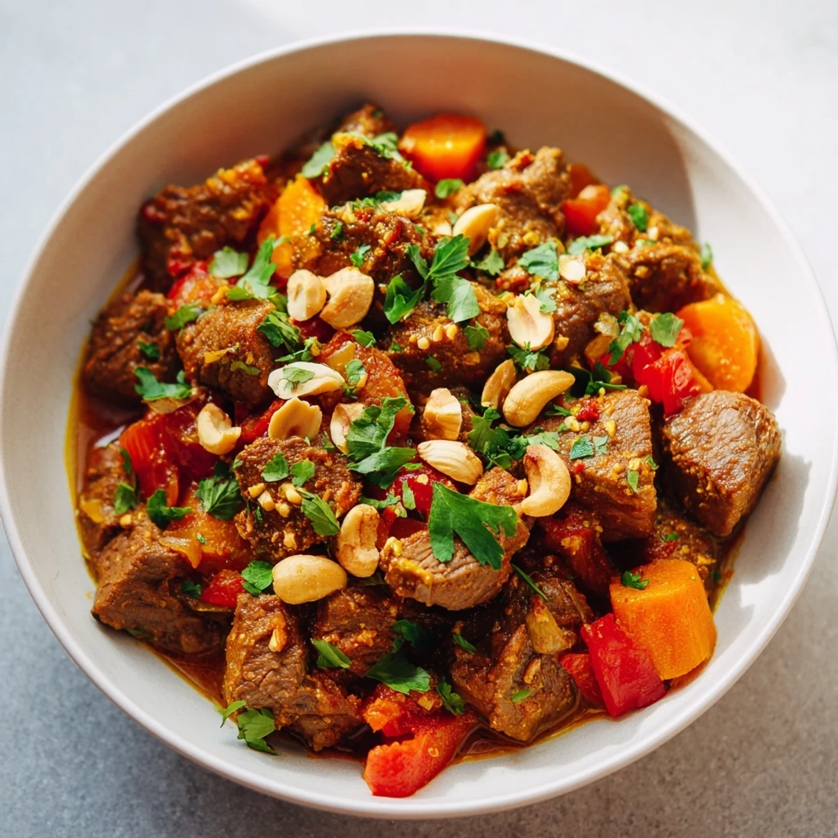 Tender chunks of lamb with dried apricots and golden raisins in a Slow Cooker Moroccan Lamb Tagine garnished with fresh herbs.