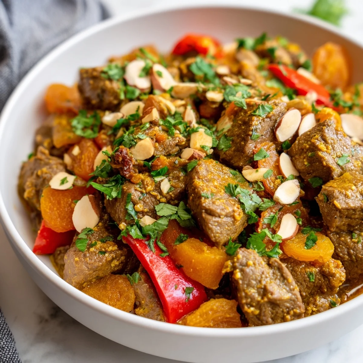 A steaming Slow Cooker Moroccan Lamb Tagine served over fluffy couscous, with toasted almonds and vibrant cilantro on top.