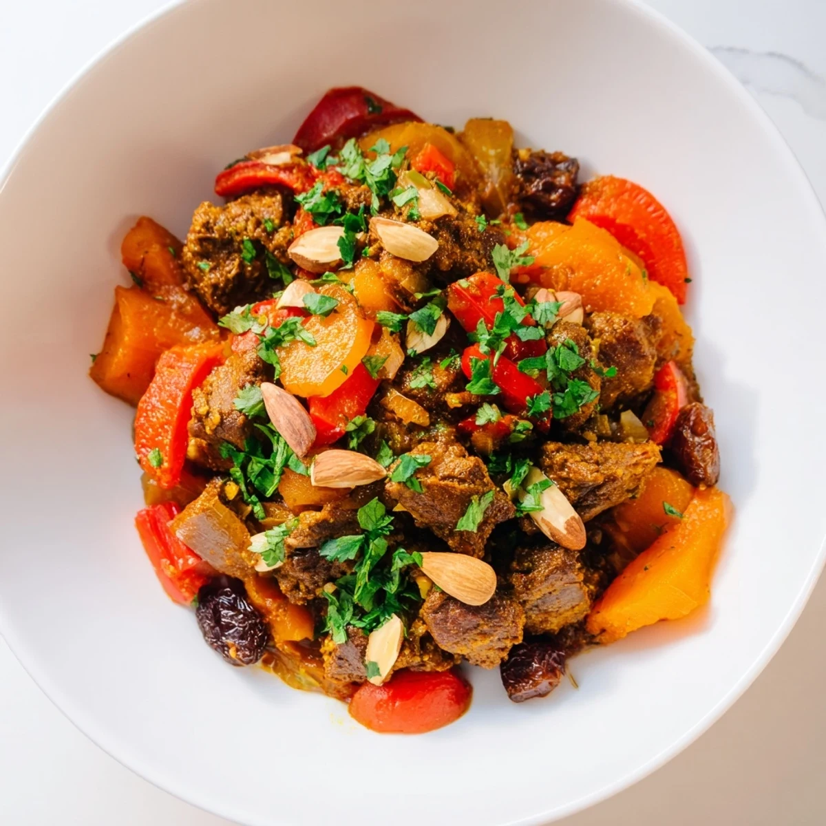 Hearty Slow Cooker Moroccan Lamb Tagine with carrots, bell pepper, and warm spices like cinnamon and cumin in the rich stew.
