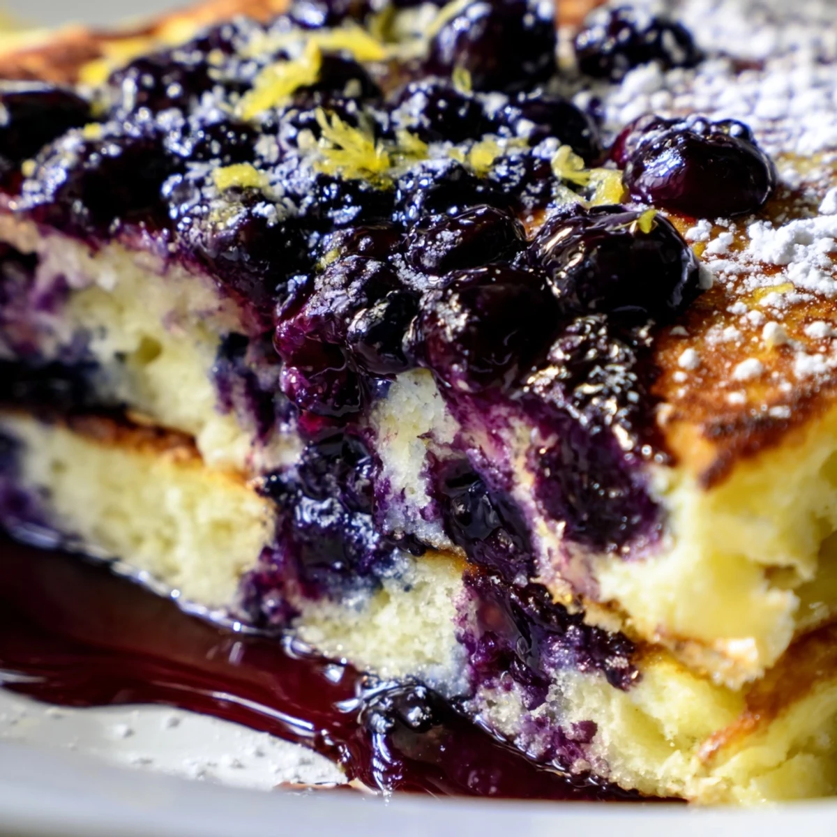 Golden lemon ricotta pancakes drizzled with vibrant blueberry syrup, ready to enjoy for breakfast.