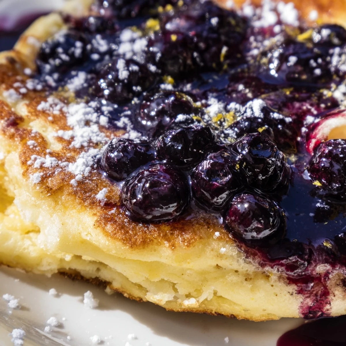 Stack of fluffy lemon ricotta pancakes, lightly browned, with glossy blueberry syrup cascading over them.
