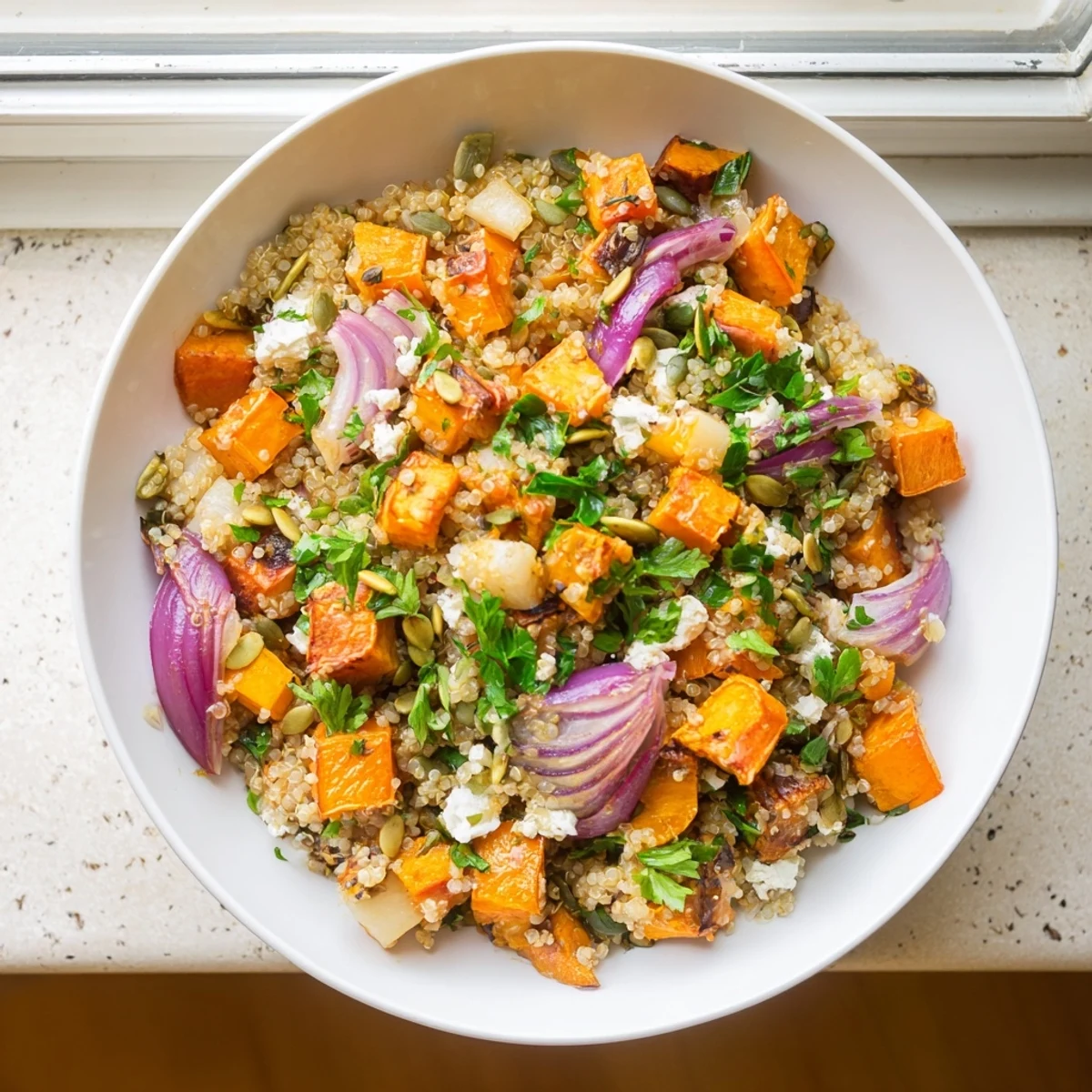 Hearty Warm Quinoa Salad with Roasted Root Vegetables served warm, topped with crumbled feta, pumpkin seeds, and fresh parsley for a nutritious lunch.