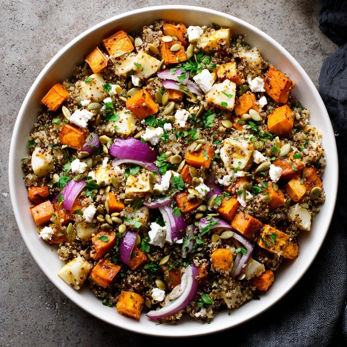 Close-up of fluffy Warm Quinoa Salad with Roasted Root Vegetables, highlighting tender roasted parsnips and red onion on a rustic wooden serving board.