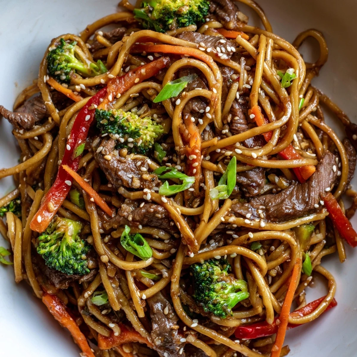 Tender noodles and vibrant vegetables shine in a savory pan of Beef and Broccoli Lo Mein, garnished with green onions and toasted sesame seeds on a rustic plate.