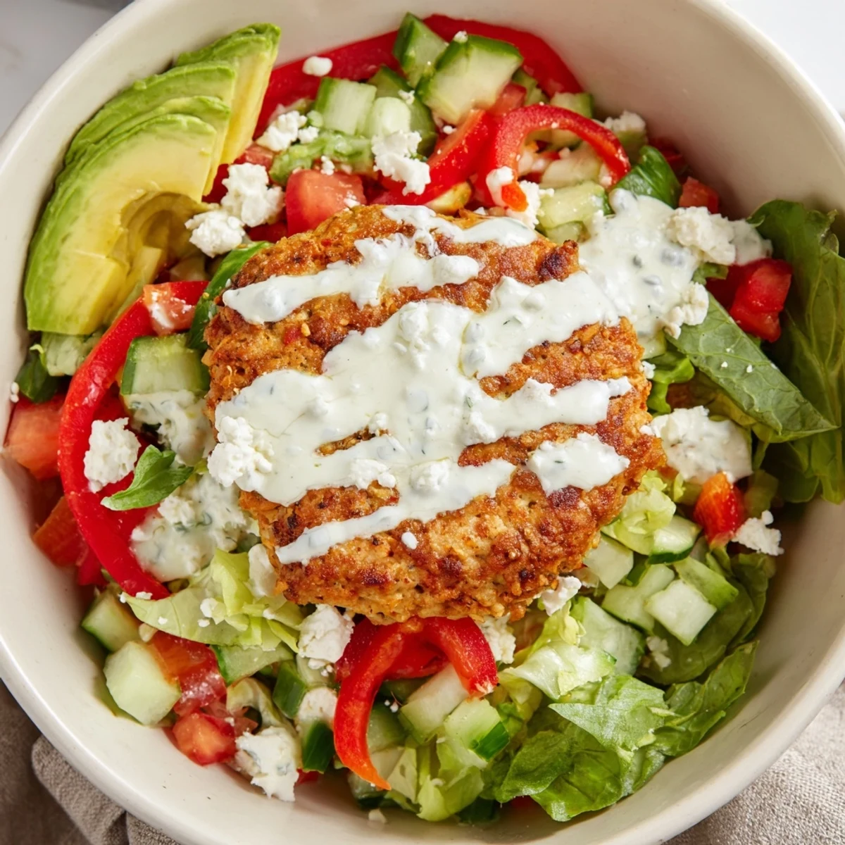 Hearty Turkey Burger Salad Bowl topped with juicy turkey burger slices, feta, and creamy yogurt dressing.
