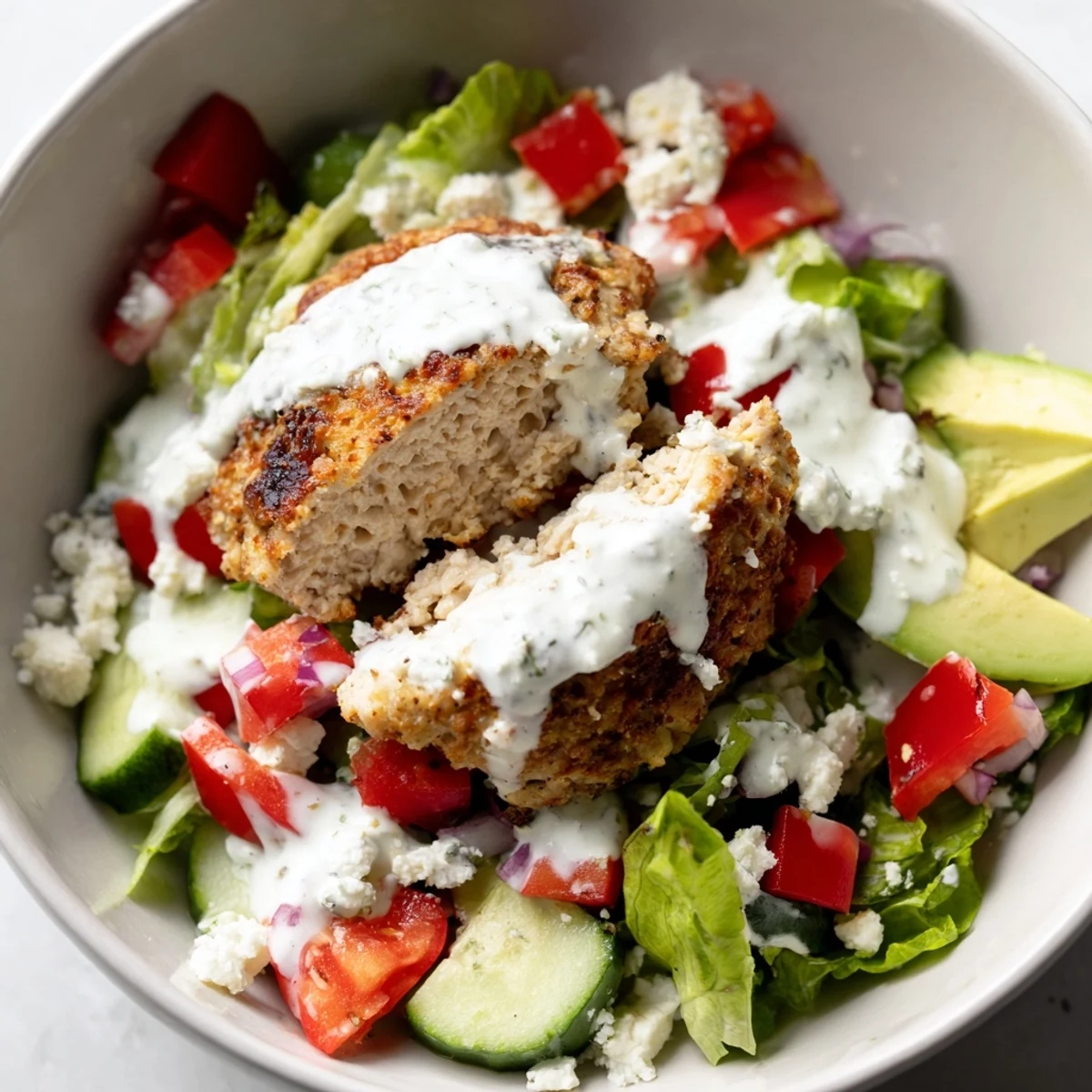 Close-up of a Turkey Burger Salad Bowl showcasing colorful veggies and a generous drizzle of dill dressing.