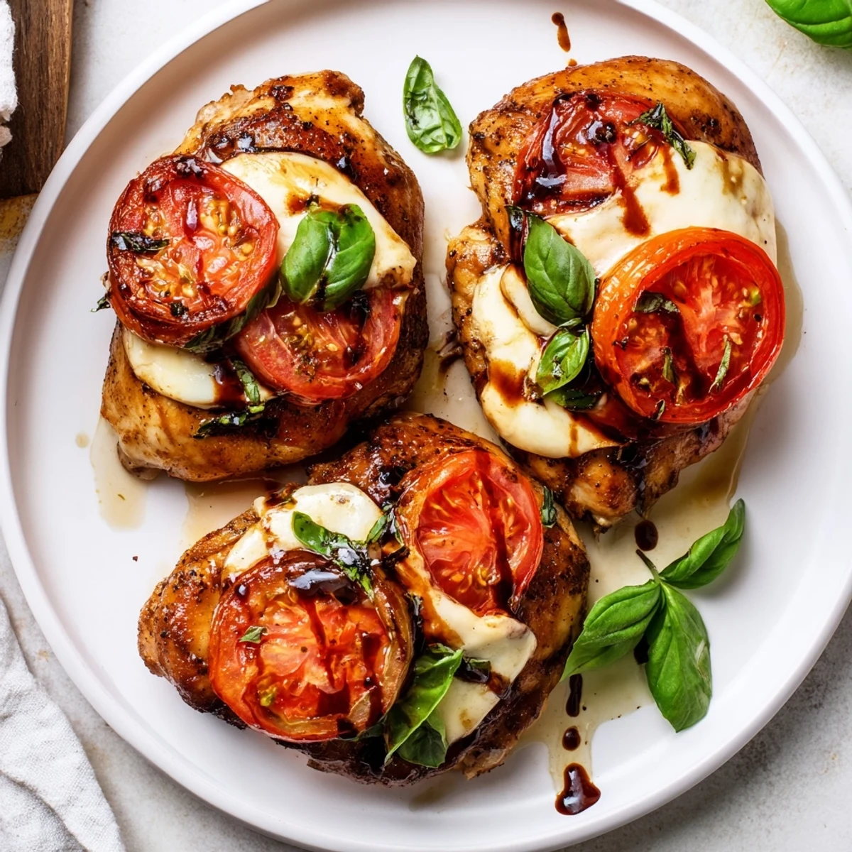 Golden-baked Caprese Stuffed Chicken Breast, sliced to reveal melted mozzarella and fresh tomato, resting on a white plate with a balsamic drizzle.