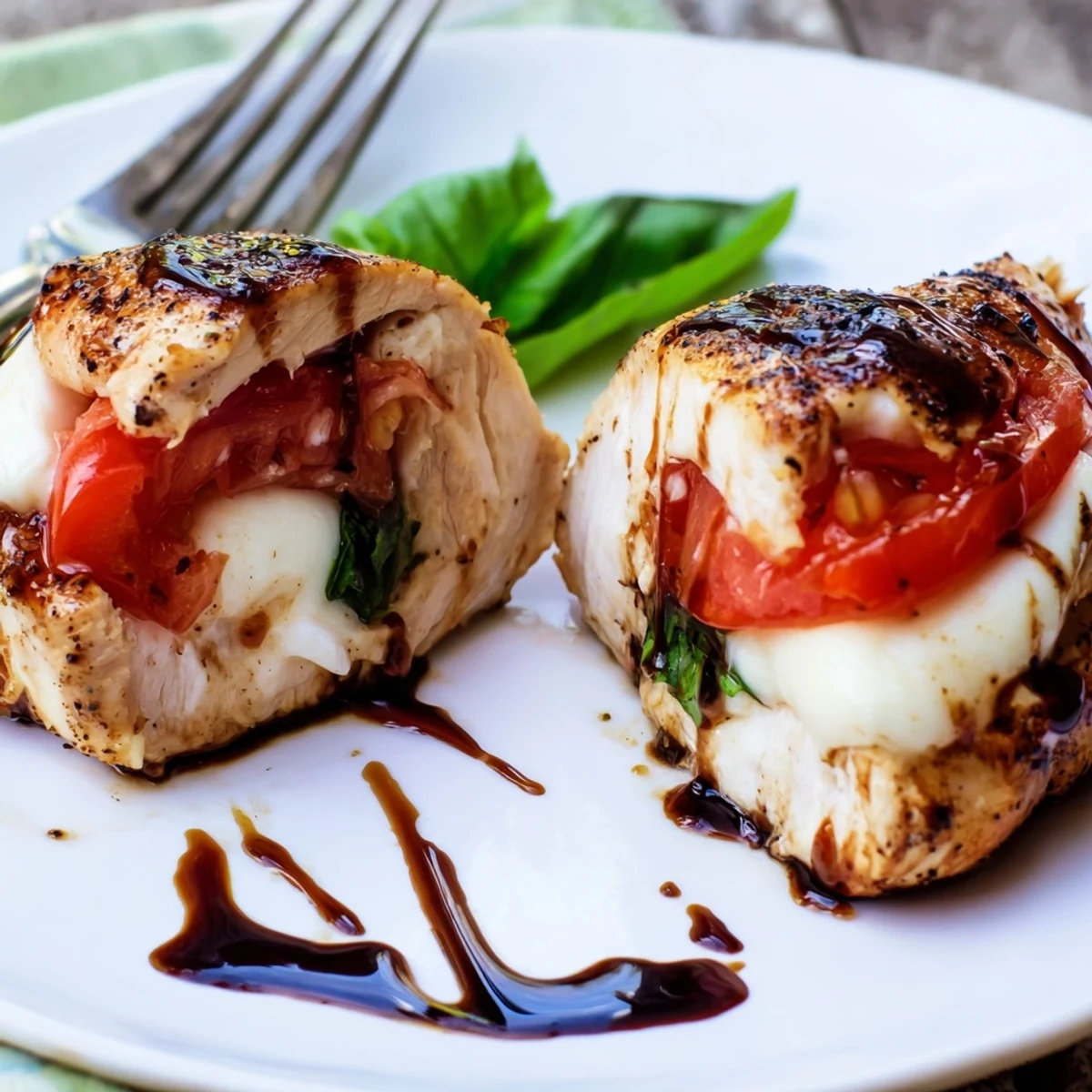 Caprese Stuffed Chicken Breast with Balsamic Glaze, served alongside a fresh arugula salad for a complete, colorful Italian-inspired dinner.